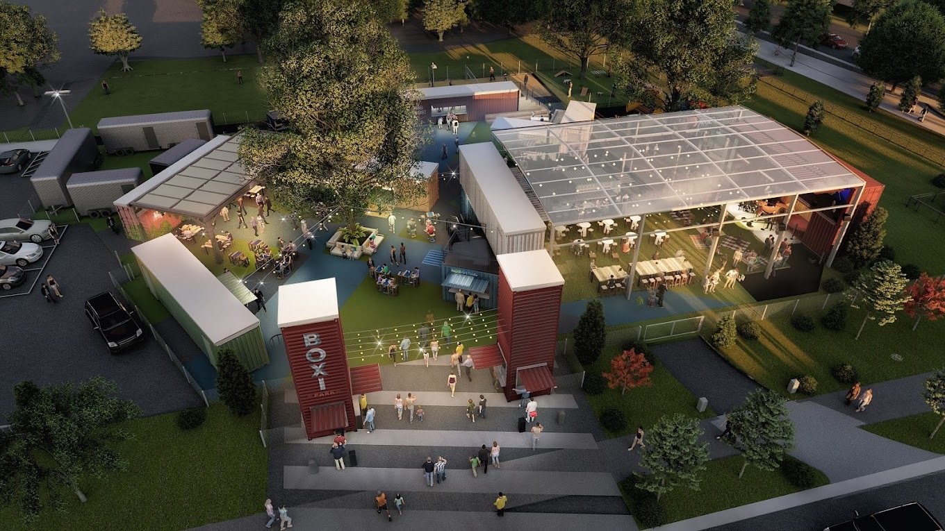 aerial view of the red shipping containers in boxi park